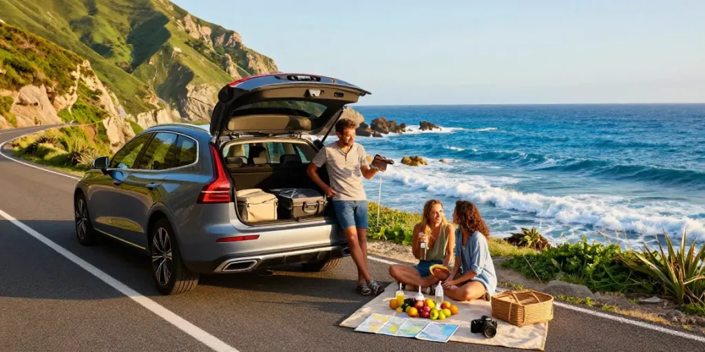 Scena di noleggio lungo termine Volvo con auto su strada costiera e coppia che prepara un picnic.