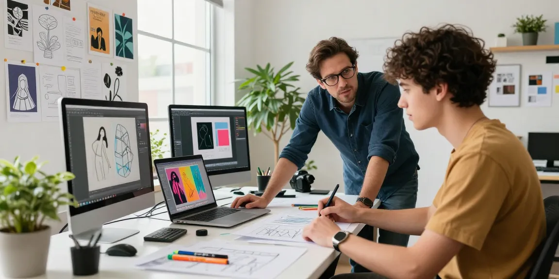 rokok 88 mentor guiding young designer in a bright workspace