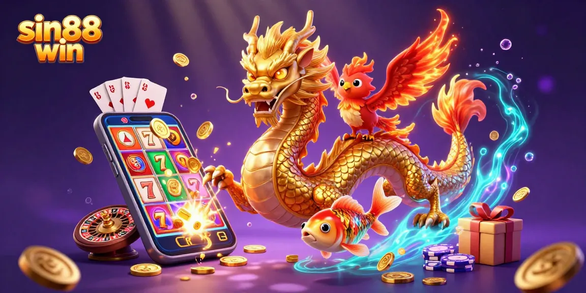 Experience sin88 win with a fierce dragon, phoenix, and koi fish in a vibrant gambling scene.