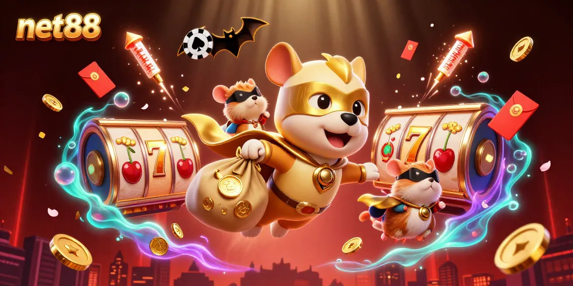 Win big with net88 as a superhero dog soars, surrounded by dynamic casino elements.
