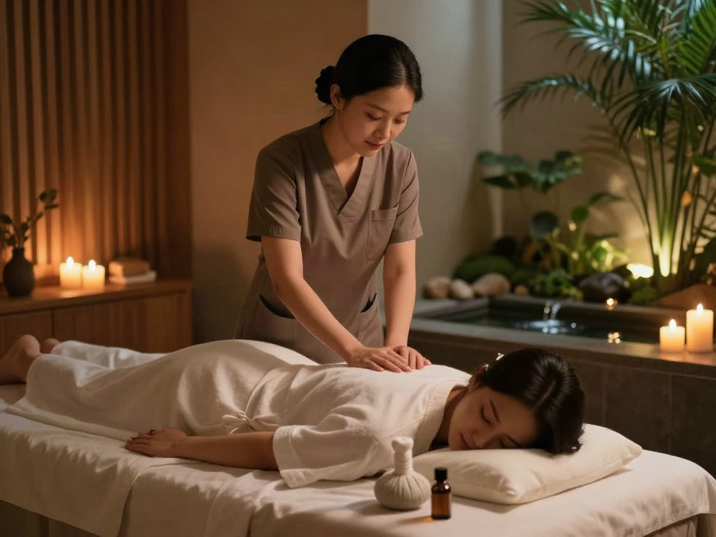 길동출장마사지 session in serene spa setting with soft lighting and calming decor.