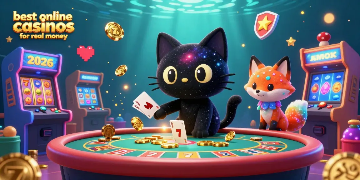 Explore the best online casinos for real money with vibrant gaming elements and cosmic characters.