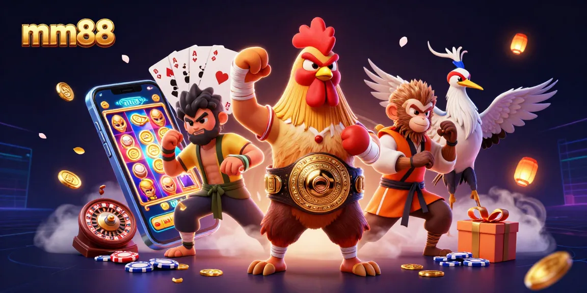 Engage with mm88's thrilling action as a Muay Thai rooster and Shaolin monkey martial artist come alive in a vibrant casino scene.