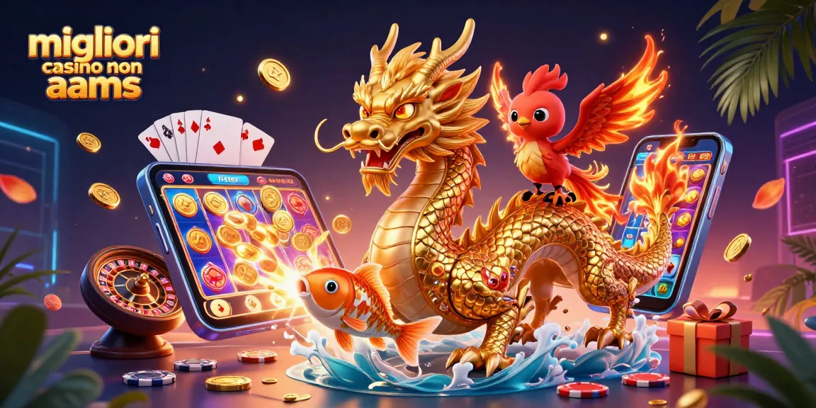 Migliori casino non aams featuring a golden dragon, phoenix, and coin-rich koi fish, dynamic gaming scene.